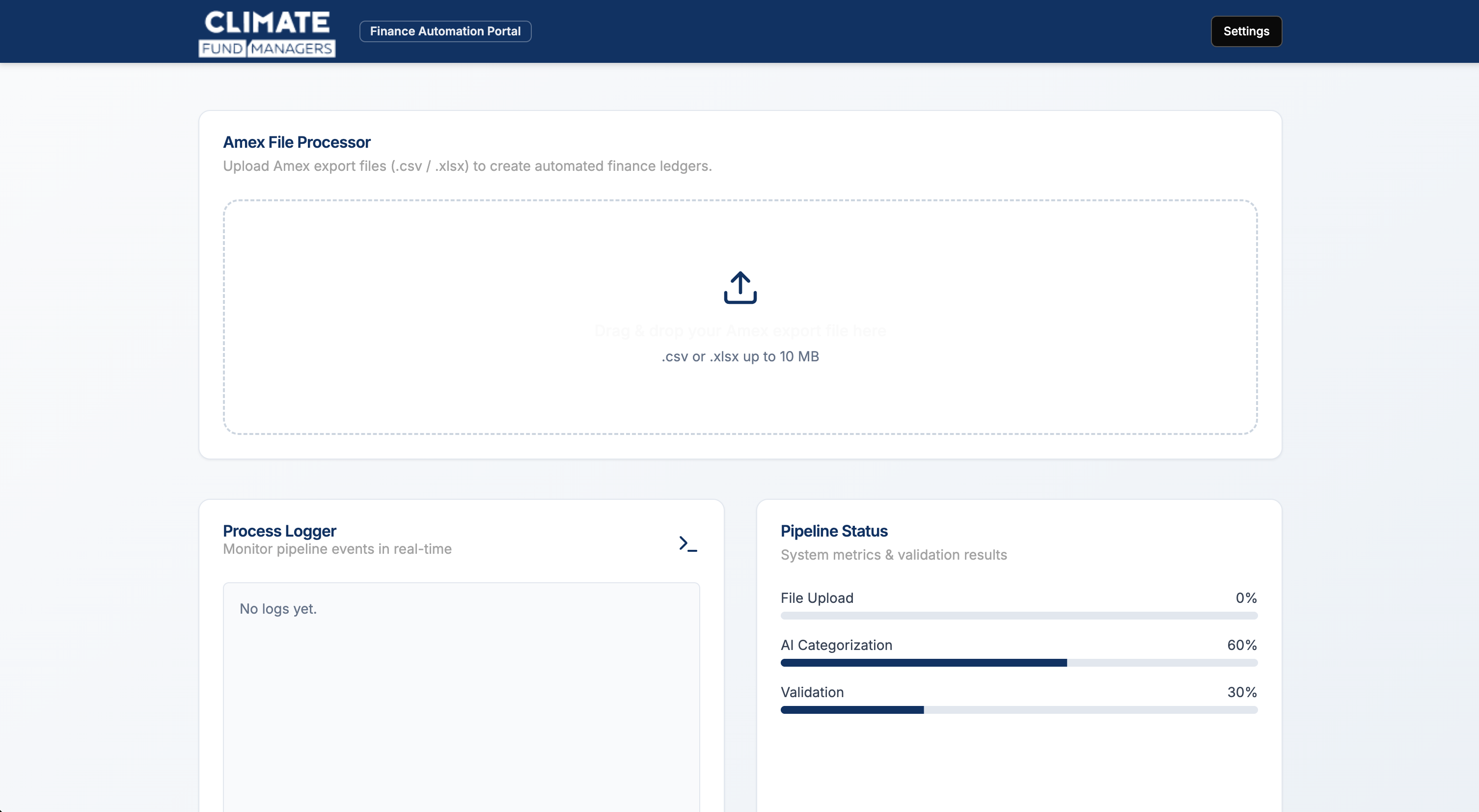 Climate Fund Managers - Automated finance processing platform with Amex integration and AI-powered categorization
