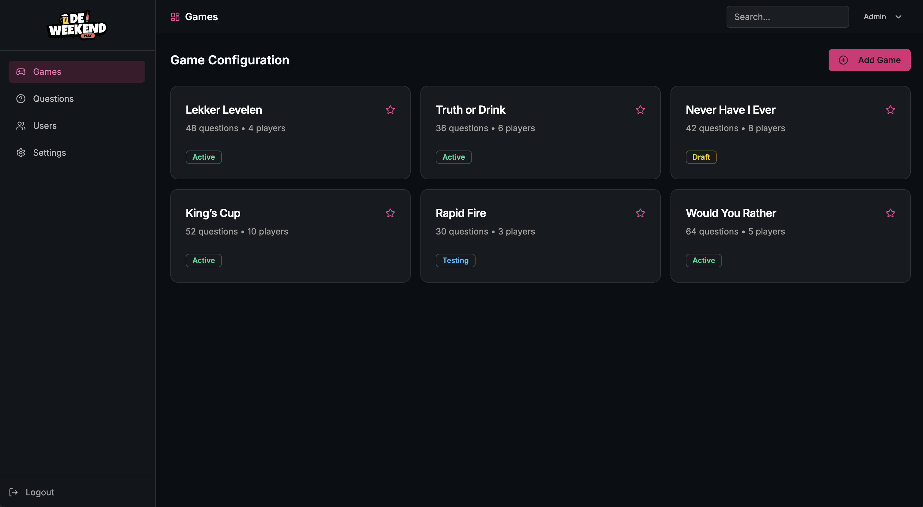 De Weekend - Interactive party game admin dashboard with Firebase integration and real-time game management